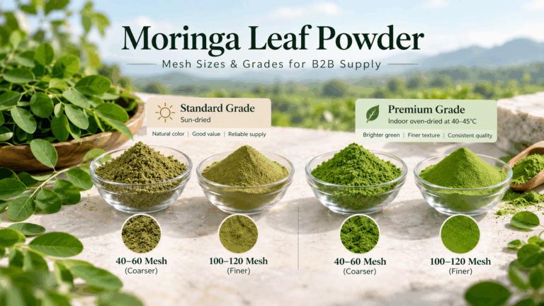 Moringa Leaf Powder Supplier in Indonesia: Understanding Mesh Sizes, Grades, and Industrial Applications